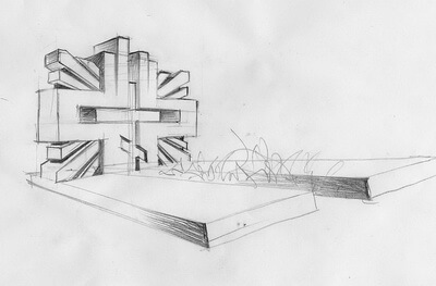Эскиз широкого памятника сложной формы с двумя надгробными плитами